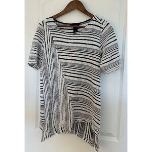 Ali Miles Womens Shirt Large Textured Black & White Asymmetrical Abstract Modern
